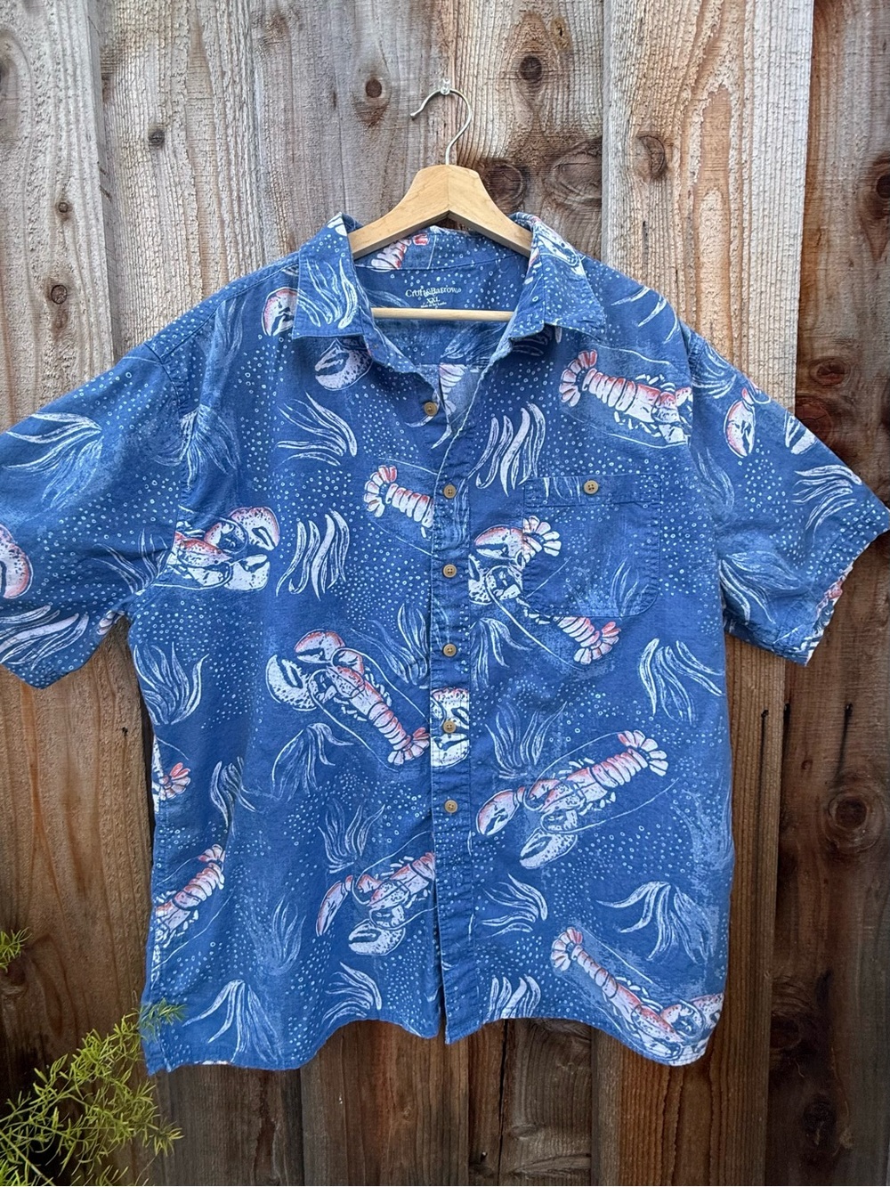 Vintage Light Blue Cotton Lobster Nautical Button Up Shirt 🌿